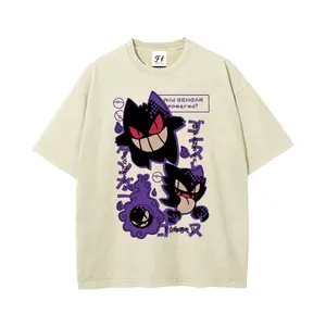 Men's Unisex Retro Pocket Monsters Japanese Text Print Washed Cotton T-Shirt - Short-Sleeve, Comfortable Everyday Fabric, Summer Casual Top