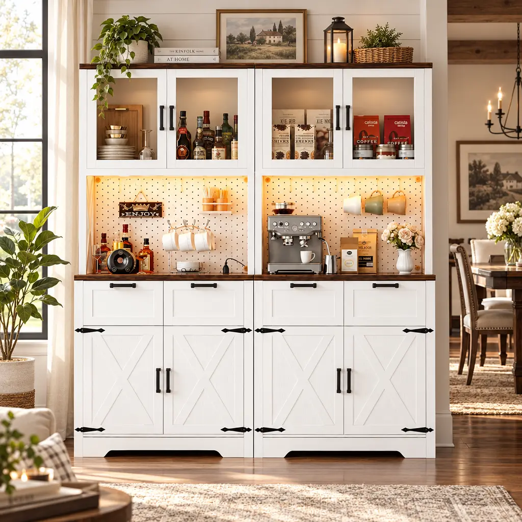 Homieasy Kitchen Pantry Storage Cabinet with LED Light & Outlet, Pantry Cabinet with Microwave Stand, DIY Pegboard, Drawers and Adjustable shelf, Farmhouse Kitchen Hutch for Dining Room, Furniture