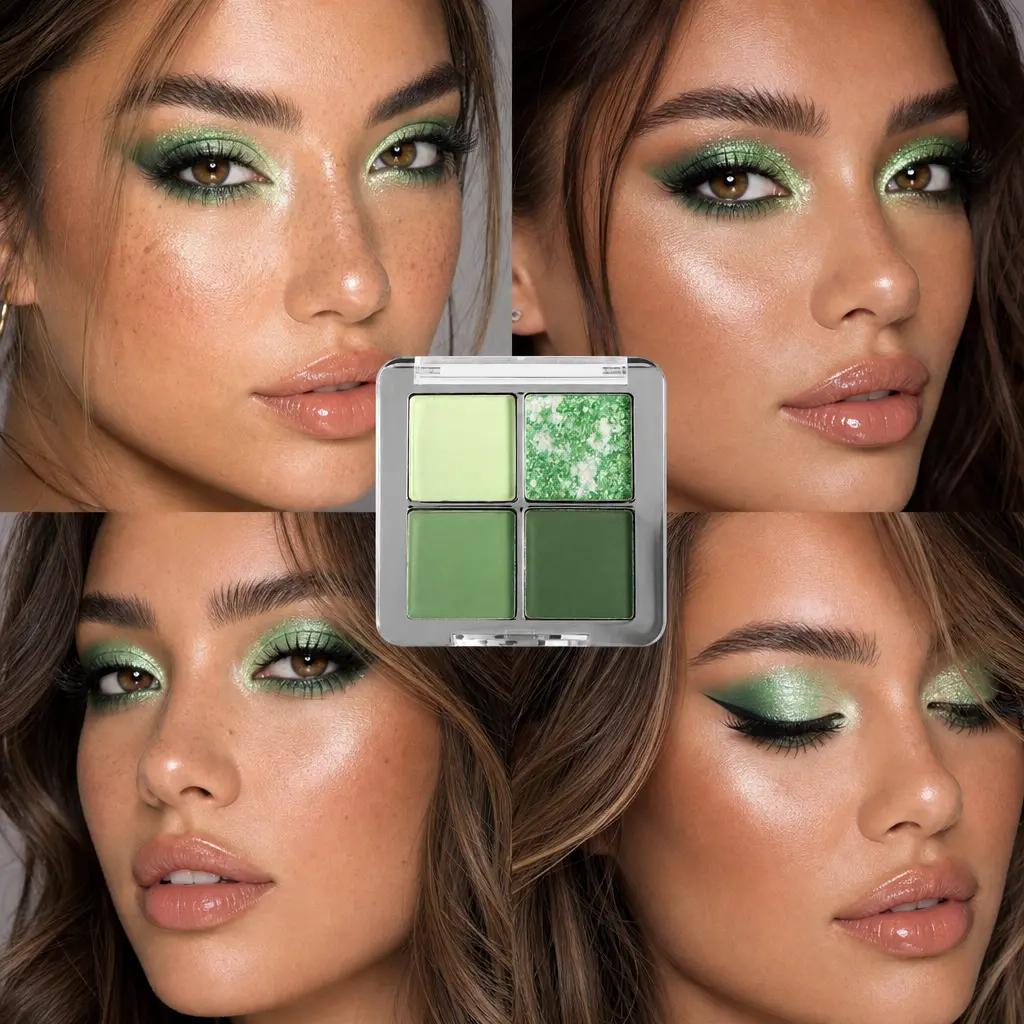 4-Color Green Eyeshadow Palette - Silky Matte & Shimmer, Long-Lasting Waterproof Formula for a Flawless Blend, Compact Pocket-Size Vegan Makeup for All Skins, Lightweight