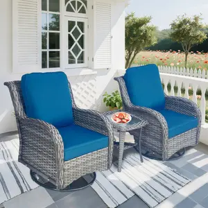 Outdoor Swivel Rocker Chairs 3 Pieces Wicker Swivel Patio Chair with Rattan Side Table, Wicker Patio Furniture Set, 3 Piece Rattan Outdoor Sectional Conversation Sets 2 Piece Wicker Hang gliding  Chairs and 1 Side Table, Blue+Grey
