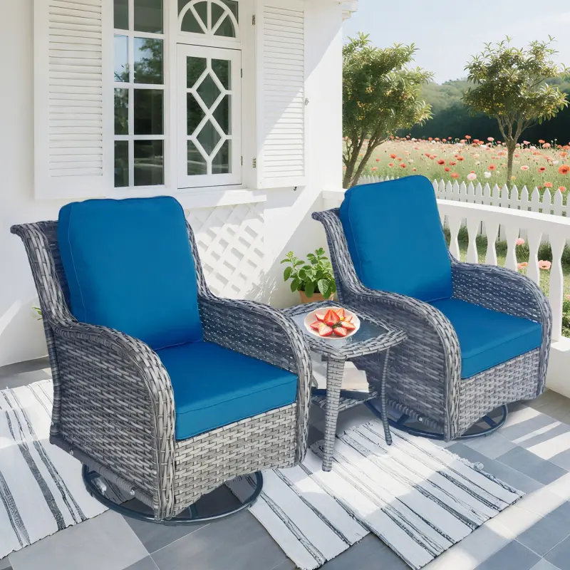 Classic 3-Piece Outdoor Furniture Set, Wicker Swivel Rocker Chairs with Swivel Feature, Rattan Side Table, Blue+Grey Outdoor Conversation Set