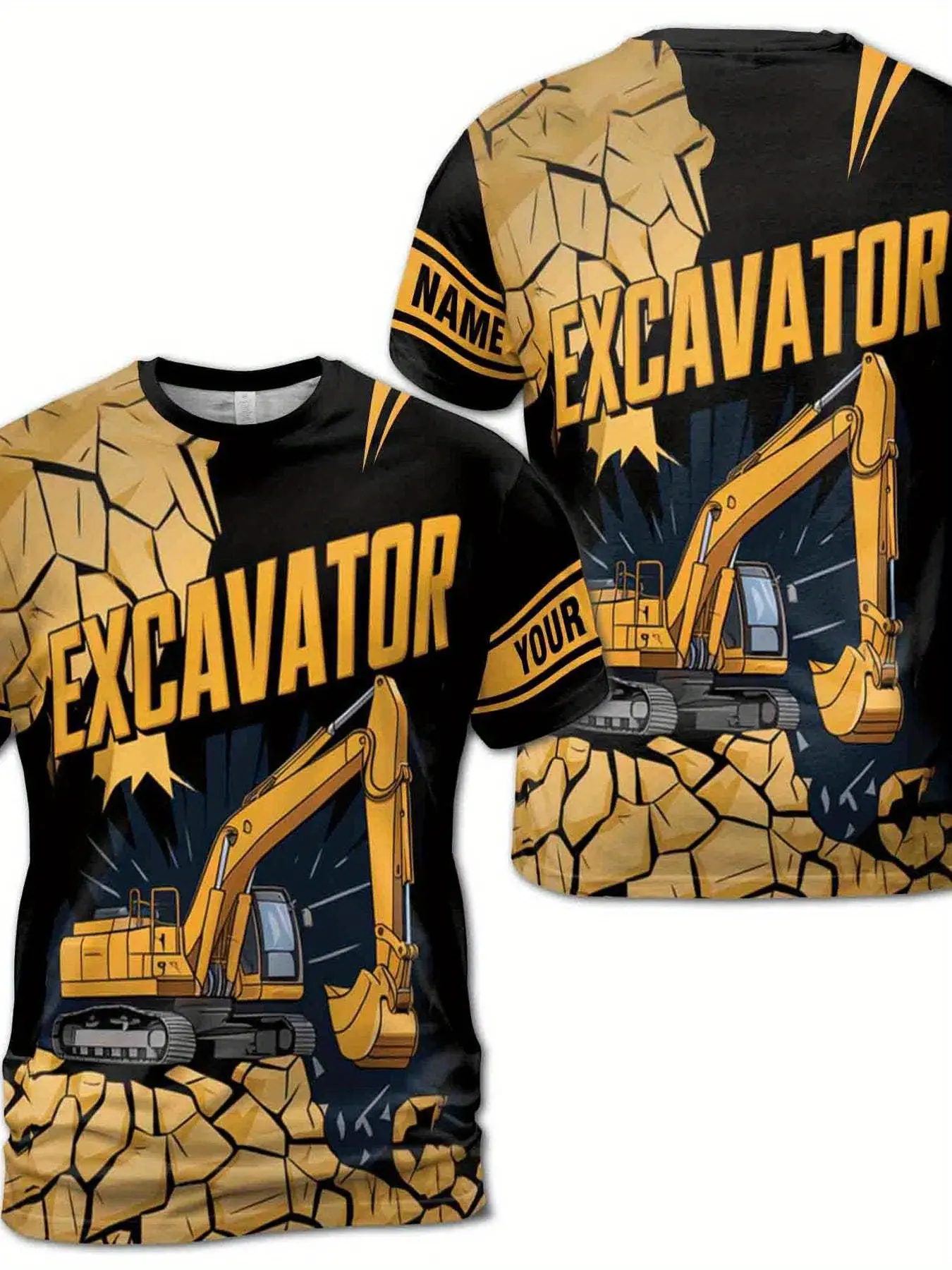 Men's Heavy Machinery Print T-Shirt, Casual - breathable short-sleeved with an excavator pattern, suitable for construction sites, machine-washable round-neck, Build Your Tee, suitable for engineers and construction drivers