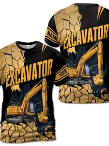 Men's Heavy Machinery Print T-Shirt - A breathable short-sleeved shirt with an excavator pattern, suitable for wearing at construction sites. A machine-washable round-neck top, suitable for engineers and construction drivers. As a gift for construction wo