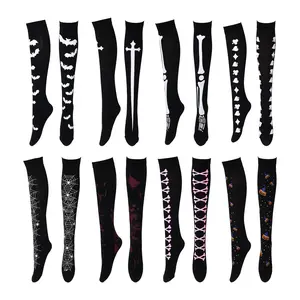OIDEA Women's 8-Pack Lightweight Breathable Stretchy Gothic Halloween Knee-High Socks, Skull, Spider Web, Blood Stain Printed Costume Hosiery for Halloween Party