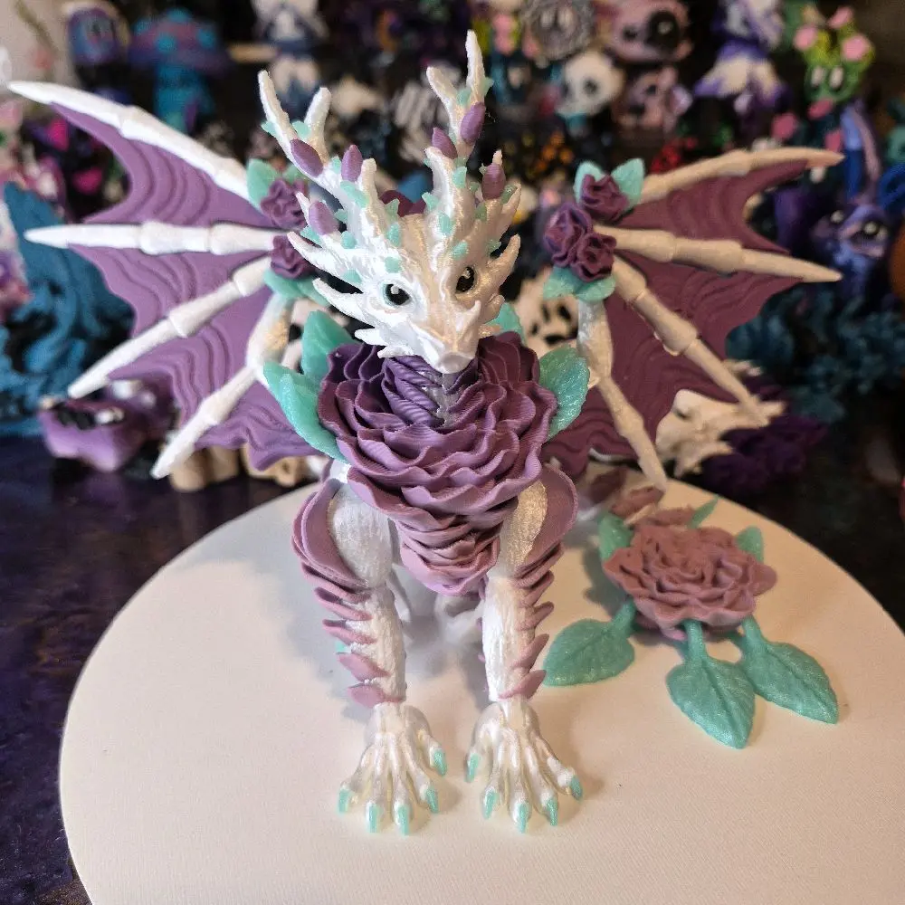 Rose Dragon Desk Decoration Collection, Fantasy Stress Relief Gadget with Posable Wings and Articulated Tail