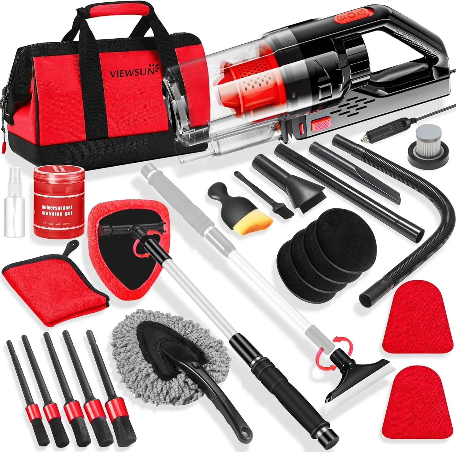 【summerfinds】Viewsun 17PCS Car Cleaning Kit, Red Car Interior Detailing Kit with High Power Handheld Vacuum, Detailing Brush Set, Windshield Cleaner, Cleaning Gel, Complete Auto Accessories for Women Girls Gift，Summervibes