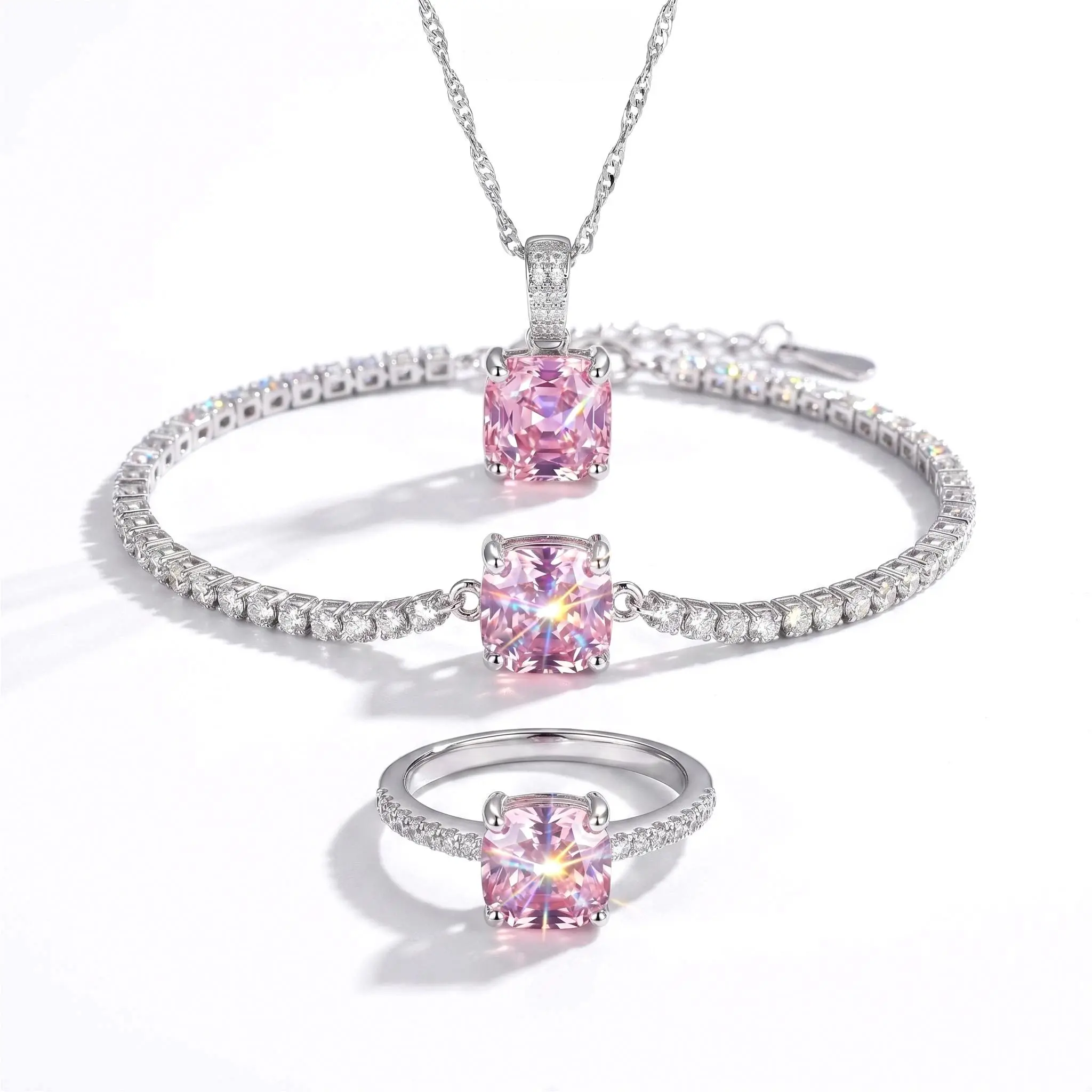VAELUME Luxury 18K White Gold Plated Octagon Rose-Cut Pink Diamond Jewelry Set - 3PC Necklace Bracelet Ring-5A VVS CZ, Perfect for Daily Wear, Anniversaries,Birthday Gift for Women and Girls