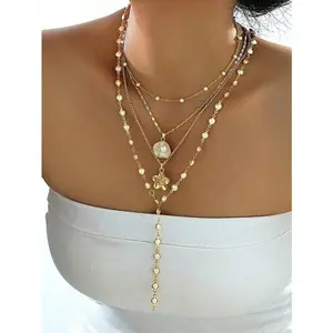 4Pcs Vintage Boho Necklace Set, Metal Shell Faux Pearl Flower Tassel Pendant, Y-Shaped Layered Chain, Bohemian Fashion Women Accessories for Daily Wear & Beach Vacation