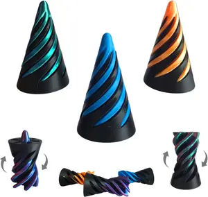 PowerTRC 3D Printed Impossible Passthrough Cone Fidget Toy (Set of 3) – Optical Illusion Desk Toys, 2.5 Inch – Orange, Blue, Tri-Color Red Blue Green