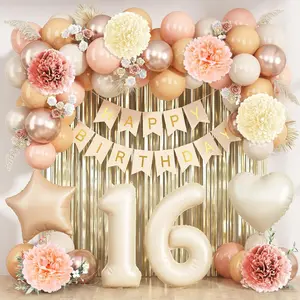 Beige 16th Birthday Decorations for Girls Boys Cream Number 16 Balloon Nude Gold Happy Birthday Banner Fringe Curtain Paper Pom Poms Blush White Sand Champagne Star Foil Balloons Neutral Boho Party Decor