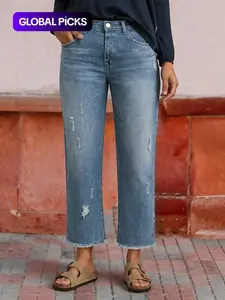 Women's High Waisted Loose-Fit Cropped Denim Jeans, Casual Straight Leg Pants, All-Season Wearable, Bottoms Perfect for Dating & Outdoor Activities