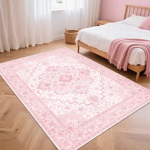 QULINT Pink Bohemian Washable Rugs For Living Room, Soft Low Pile Rug Non Slip Decorative Rug For Bedroom, Performance Rug For Home Decor, Ideal For High Traffic Areas, Gift For Mother's Day, Easter, Housewarming non-shedding boho large carpet rug