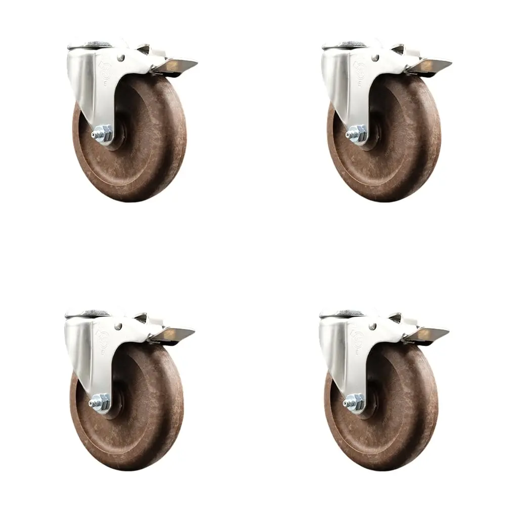 Service Caster SCC-SS316BHTTL20S514-GFNSHT-4 316 Stainless Steel Swivel Type Nylon Wheel Bolt Hole Caster, 5 in. Brown Wheels, 1400 lbs Capacity, Low Rolling Resistance, Total Brake, Maintenance Free for Material Handling Carts, Equipment - Set of 4