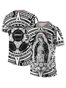 Mexican Classic Virgin Mary Ball Jersey T-Shirt, Striped Sleeves, Quick-Dry Sweat-Wicking, Lightweight Stretchy, All Sports Wear, Moisture Wicking Tee