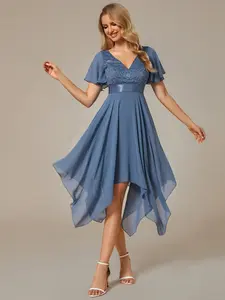 Ever-Pretty Asymmetrical Hem Empire Waist Short Sleeves Knee-Length Bridesmaid Dress 02040