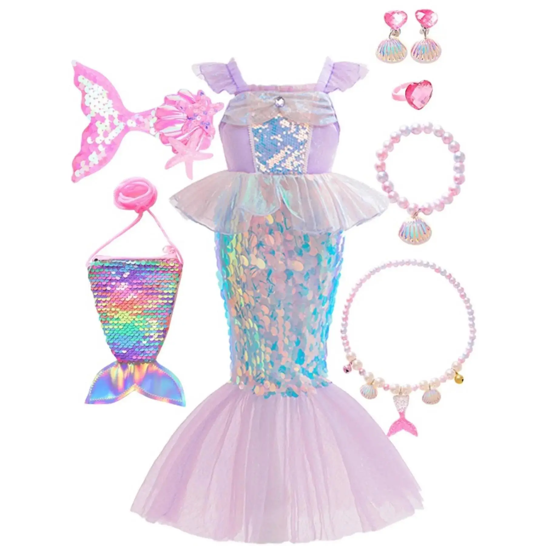 Children's Mermaid Princess Costume Set (Dress + All Accessories), Ariel-style Mermaid Princess Dress, Girls' Ruffled Gradient Mermaid Cosplay Outfit, Mermaid Bow Headpiece, Party Costume