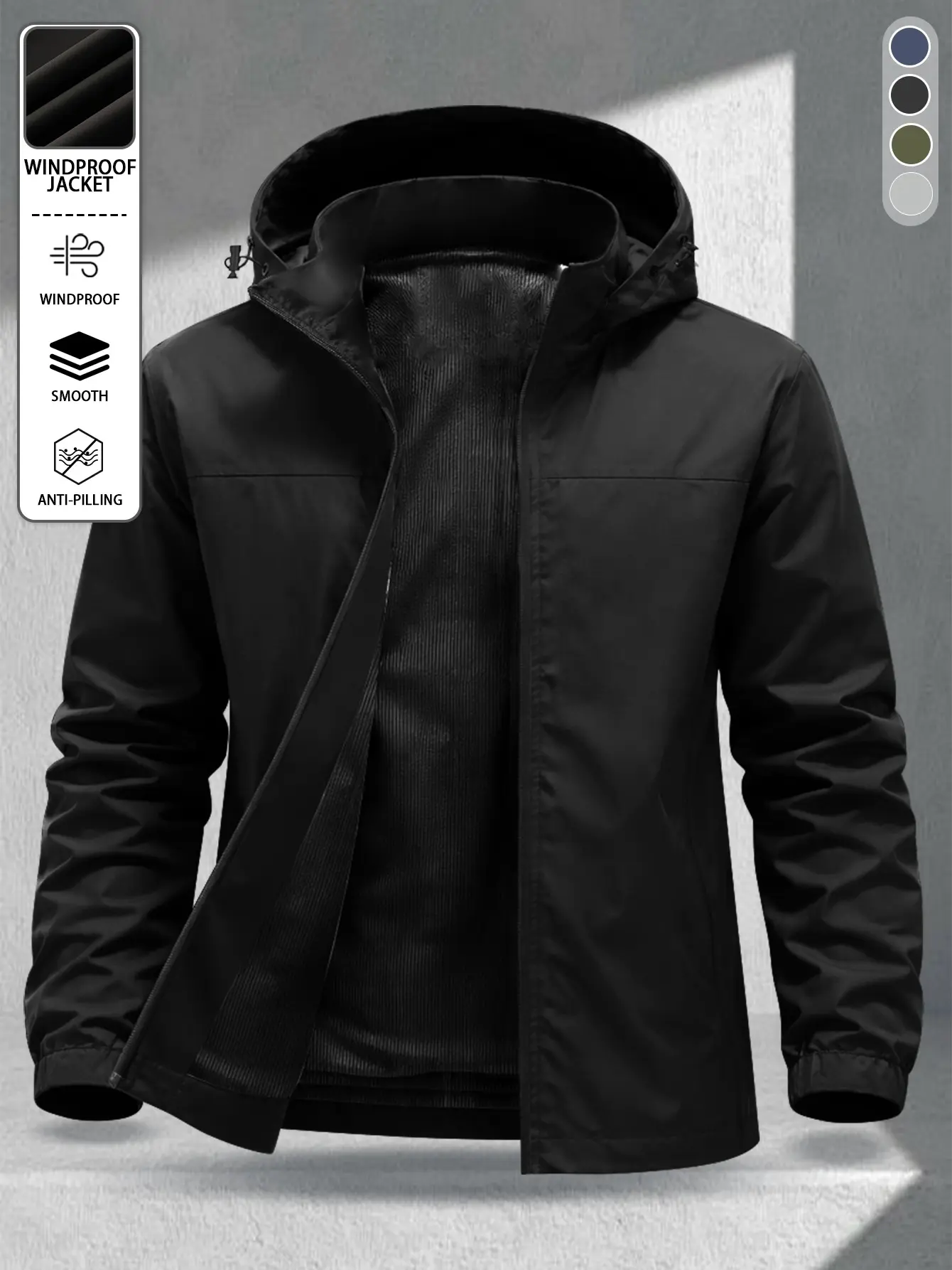 Men’s hooded jacket, autumn outerwear with a full zipper design, adjustable hood, long sleeves—suitable for hiking, commuting, and everyday wear.