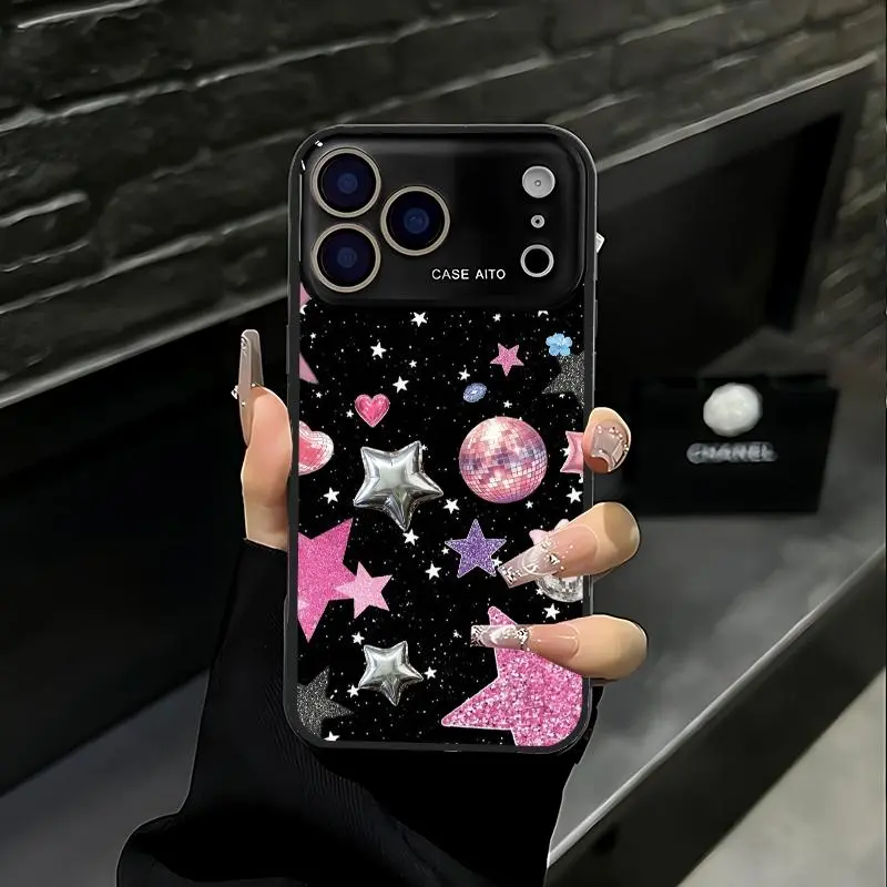 Disco-inspired five-pointed star and heart print phone case. Compatible with iPhone 17 Pro Max, 16 Pro Max, 15 Pro Max, and 14 Pro Max. Includes lens protection. Also compatible with iPhone 15, 14, 13, and 12. Made of skin-friendly TPU material.