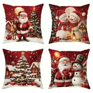 4pcs, Festive Christmas Pillow Covers, Santa, Snowman & Reindeer Designs, Red & White Holiday Decor, Cushion Cases for Home, Car, Sofa, and Office, Christmas Decorations, Single Sided Printing, No Pillow Core