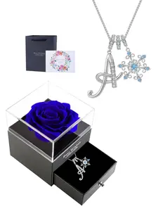 Snowflake Initial Necklace with Blue Rose Jewelry Box, Included Jewelry Box, Letter Pendant for Women, Birthday Christmas Gift for Wife Mom Girlfriend Daughter