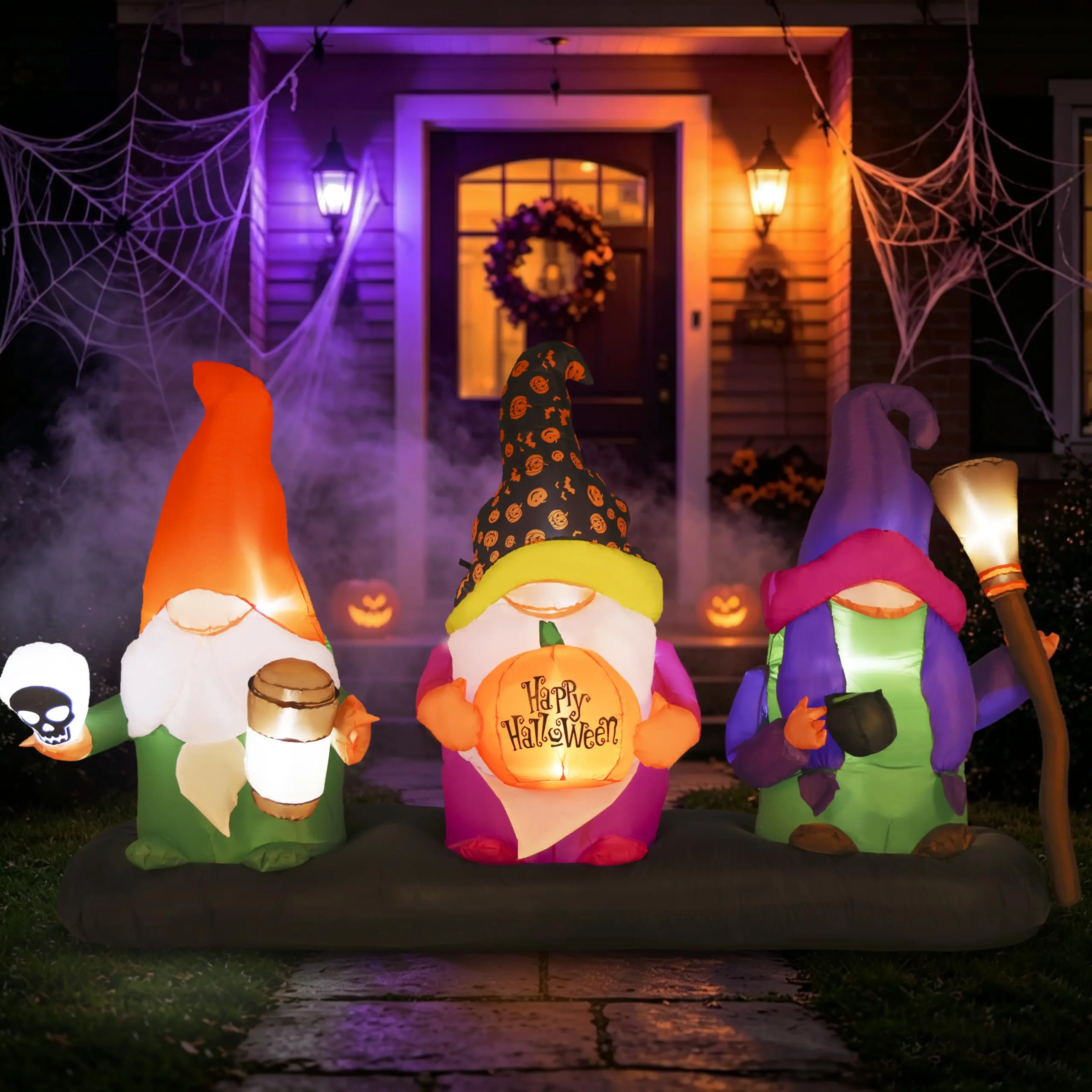 9 FT Standing Halloween Inflatable Gnome Kit - 3 Cute Gnomes with Pumpkins, Built-in LEDs, Colorful Giant Blow-Up Outdoor Decor for Lawn Halloween Party