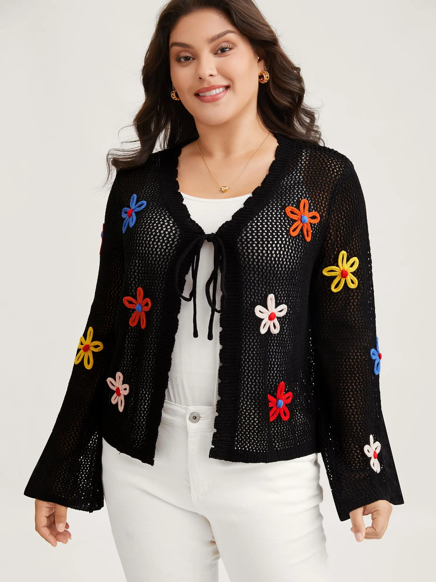 BloomChic Women's Long-Sleeve Knit Crop Cardigan - V-Neck Black Top with Colorful Floral Front-Tie, Loose-Fit Bell Sleeves, Flower Embellishments, Casual Kimono for Day Outings, Summerfinds, Knitwear, Tops, Cardigan For Women, Affordable Fashion, Plus Siz