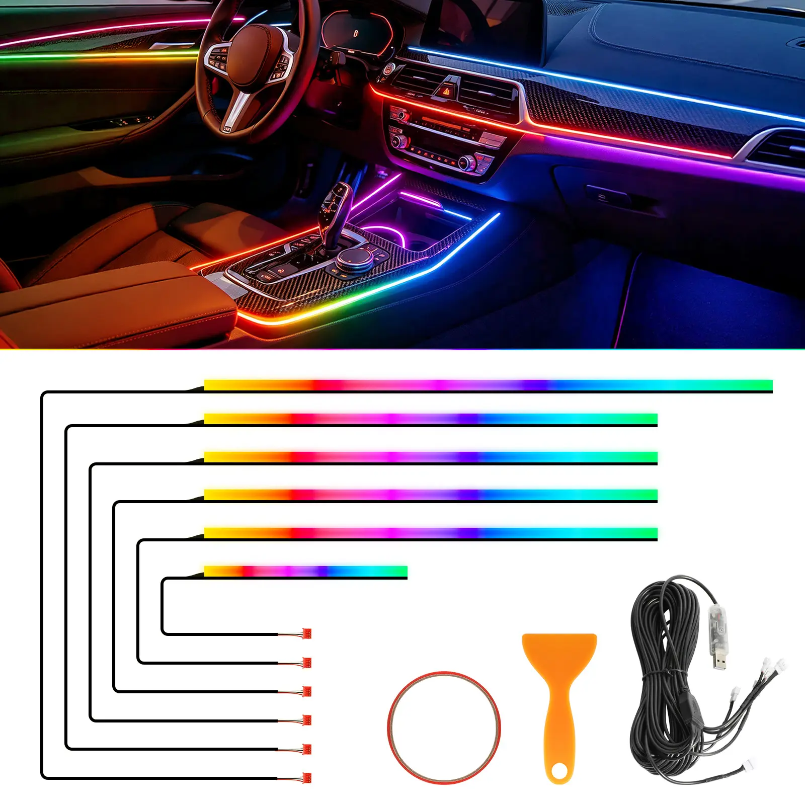 Dreamcolor Acrylic Car Ambient Lighting Kit - 6-in-1 RGB Smart IC Interior LED Strips, USB/DC12V Powered, APP/Hidden Touch Control, Music Sync Sound Sensor, Waterproof Low-Heat Universal Car Decor Light