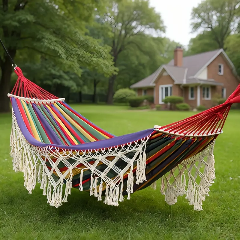Durable Canvas Hammock for Outdoor Camping & Hiking, Extra-Thick 2-Person Design with Wooden Spreader Bars, Fishtail Weave, and Storage Bag for Patios, Gardens, Durable Hammock