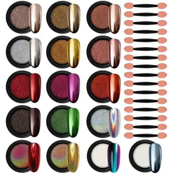 Chrome Nail Powder Kit - 16-Jar Multi-Pack for Mirror Shine & Holo Finish, Iridescent Pigment for Nail Art, 1g Per Jar, Use with Gel, A Little Goes A Long Way, 1 Gram Per Jar