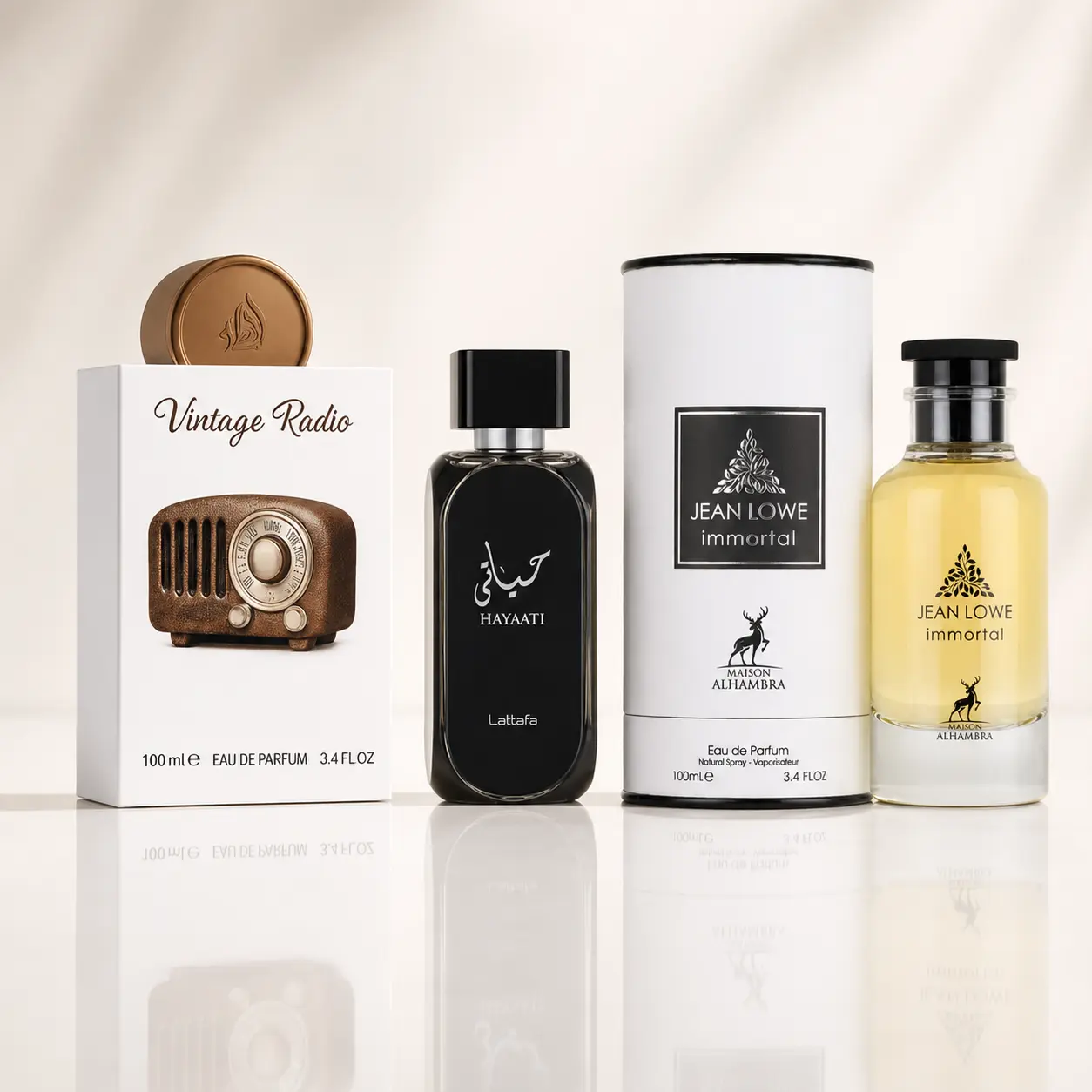 Hayaati & Maison Alhambra Jean Lowe Immortal 3-Piece Fragrance Multi-Pack, 3 x 3.4 fl oz (300ml Each) Vintage Radio Bundle