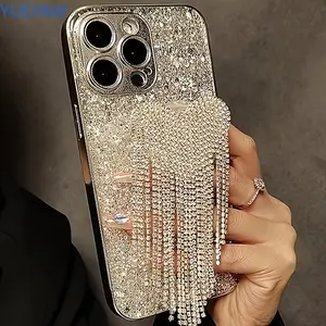 Luxury Rhinestone Tassel Pendant Case for iPhone 15 Pro Max/14 Pro Max/13/12/11/16 Pro Max/13 Max/15 Plus - High-End Niche Design with Silver Sequins for Elegant Protection