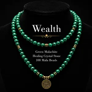 8mm Green Malachite Healing Crystal Stone 108 Mala Beads Money Attraction Necklace Long Beaded Wrap Bracelets Genuine Gemstone Mala Prayer Beads Lotus Buddha Charm Yoga Meditation Necklace Jewelry Necklace for Ideal Gift ,  Lotus Pendant,  Long Chain Peac