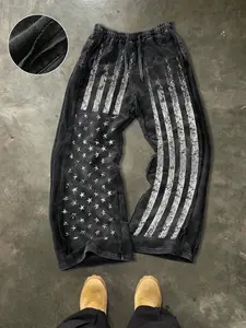 Men's Casual Cotton Sports Pants, Star Stripe Print, Street Style, Drawstring Waist, Ankle Length, Fitted, Geometric Design, All Seasons, Athleisure Style Bottoms, Striped Print Bottoms