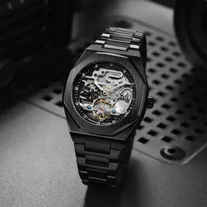 Round Dial Stainless Steel Strap Skeleton Watch Analog Mechanical Men's Watch Men's Watch Business Luxury, Automatic Gift Watch, Luminous Analog Watch, Men's Automatic Mechanical Watch with Box