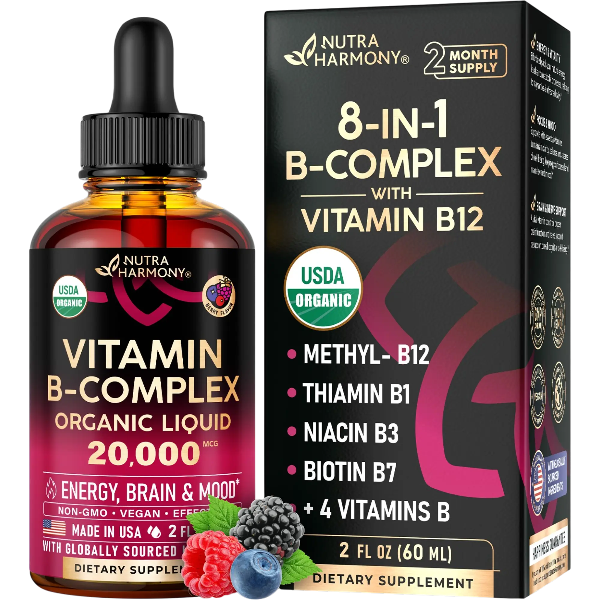 USDA Sublingual Vitamin B Complex Drops with Natural Berry Flavor 2 Months Supply