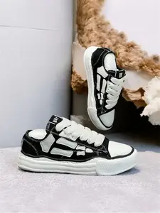 Couple Sports Athletic Skeleton Sneakers, Unisex High-Quality, Black & White Canvas Versatile Casual Trendy Footwear Shoes Closed