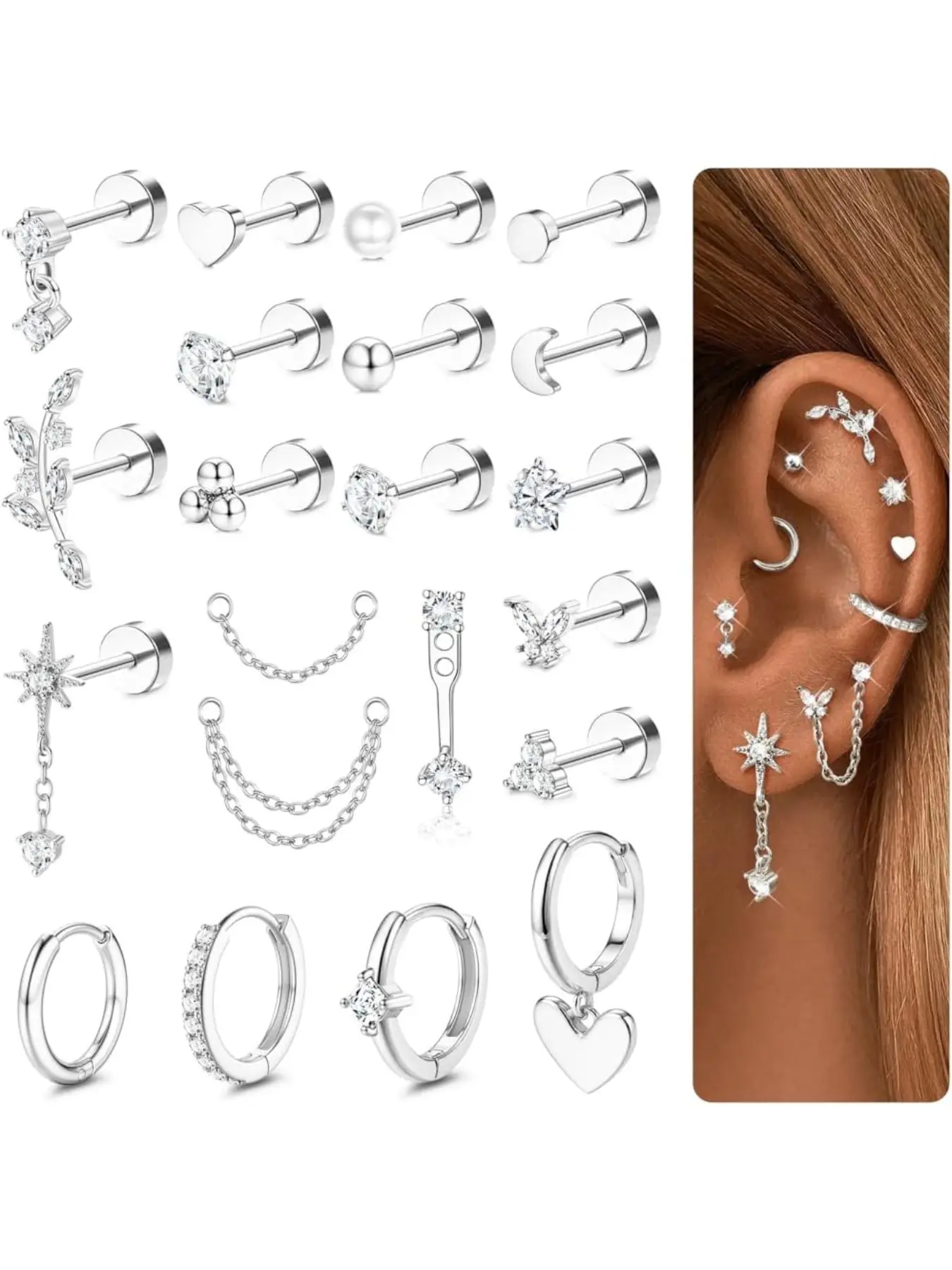 21Pcs Helix Piercing Jewellery Tragus Earrings Set Flat Back Earrings Helix Hoop Tragus Stud Cartilage Earring Conch Rook Piercing Jewellery Surgical Steel Earrings Flatback Cartilage Earrings