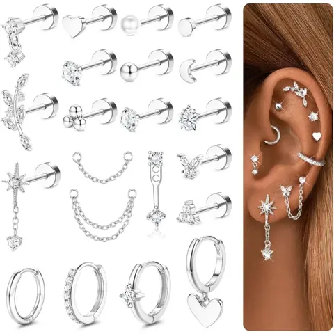 21Pcs Helix Piercing Jewellery Earrings Jewelry Tragus Earrings Set Flat Back Earrings Helix Hoop Tragus Stud Cartilage Earring Conch Rook Piercing Jewellery Surgical Steel Earrings Flatback Cartilage Earrings