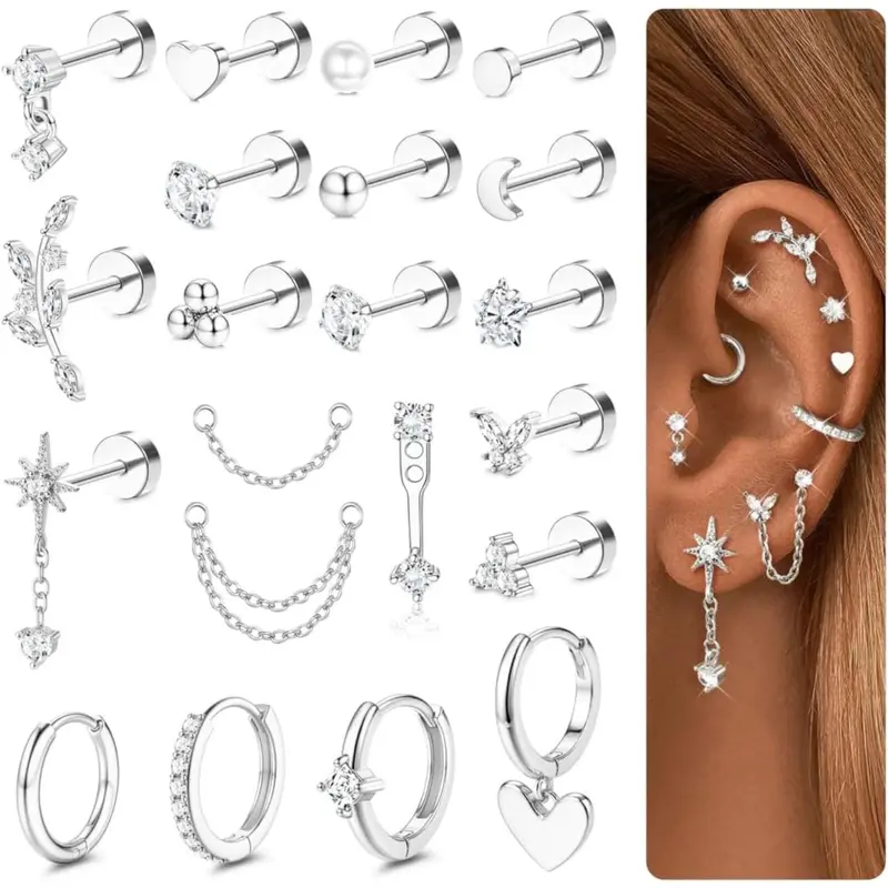 21Pcs Helix Piercing Jewellery Earrings Jewelry Tragus Earrings Set Flat Back Earrings Helix Hoop Tragus Stud Cartilage Earring Conch Rook Piercing Jewellery Surgical Steel Earrings Flatback Cartilage Earrings