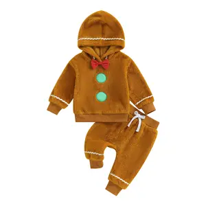 Canrulo Gingerbread Man Outfit Baby Boy Girl Toddler Kids Christmas Clothes Hooded Sweatshirt Fuzzy Pants Set