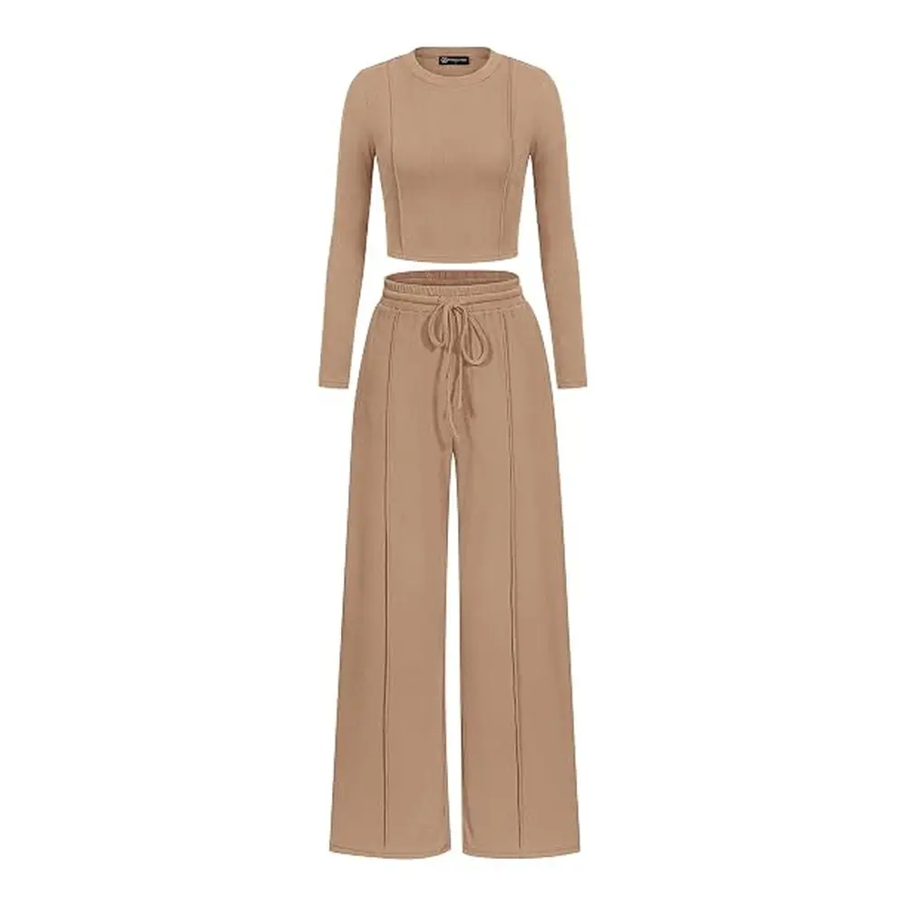 PRETTYGARDEN Womens 2 Piece Sets Long Sleeve Outfits | Soft Ribbed Knit, Loose Wide Leg Fit, Crop Top Drawstring High Waist Pants Set, Casual Lounge Travel, Matching Fall Clothes#SohoChic