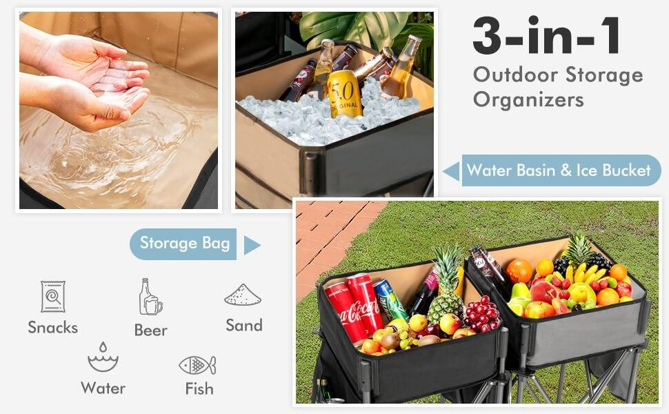 2-Pack Foldable Outdoor Camping Cooler Table Set, Waterproof Leakproof Beverage Cooler Tables with Side Storage & Cup Holders, Portable Folding Tables for Camping Beach Picnic Tailgating