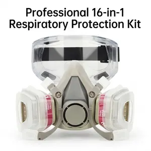 16 in 1 Dual Respirator Gas Mask Set Reusable Full Face Safety Mask with Double Filter & Goggles Anti Dust Anti Gas Chemical Protection for Spray Paint Welding Woodworking Grinding Construction Industrial Work Respirator Waterproof Heavy-Duty Snow