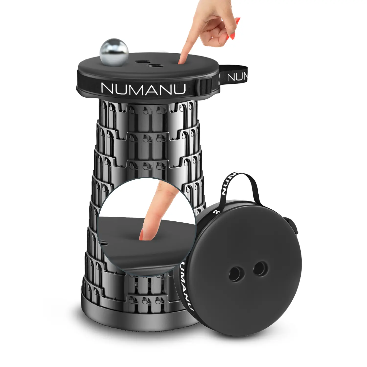 NUMANU Polypropylene Padded Collapsible Stool for Adults, Portable Size Adjustable Height Folding Seat, Max 620lbs Heavy-Duty Telescoping (2.5-18in) Retractable Lightweight Stool for Outdoor Activities, Seniors