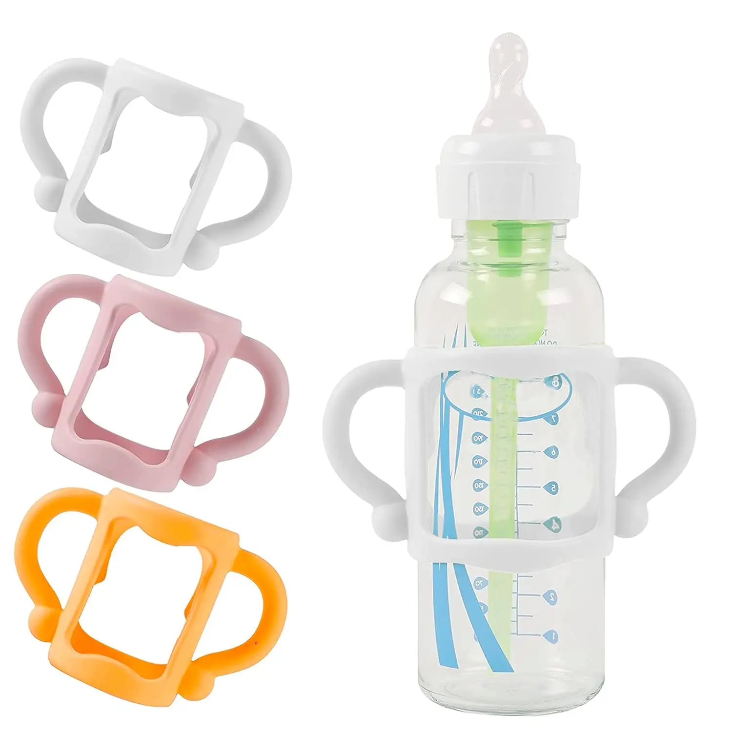 (3-Pack) Baby Bottle Handles, Easy Grip Bottle Holder for Babies and Toddlers, Soft BPA-Free Silicone Handles to Hold Bottles Independently, Fits Most Standard Baby Bottles (White Pink Orange)