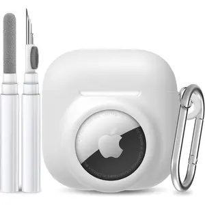 2 in 1  Case Compatible with AirPod 4 and AirTag, Shockproof Protective  Cover for AirPods 4th Generation with Cleaner Kit & Carabiner (White)