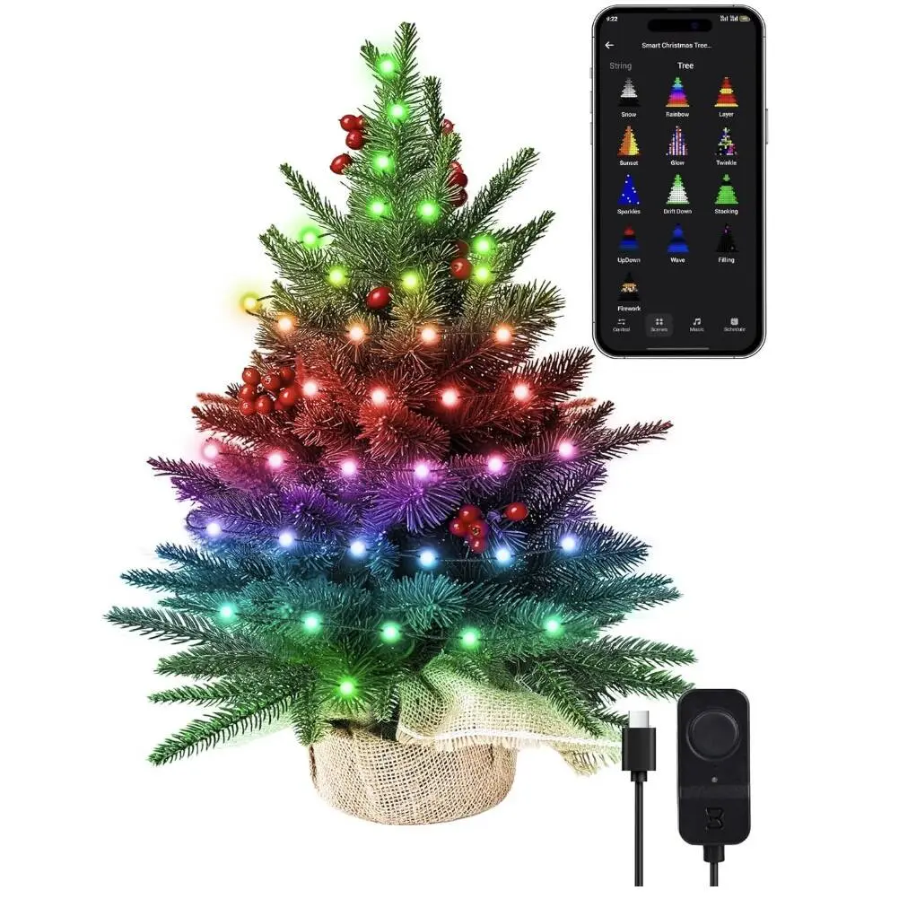 Brizled Snow Flocked Smart Christmas Tree, 22.8in Mini Christmas Tree with 100 LED RGB Lights, App/Voice Control 159+ Scenes Tabletop Xmas Tree USB C Small Tree Work with PD Power for Fireplace Desk