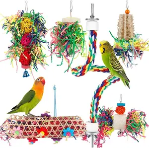 Foraging Bird Toys – Shredding Parakeet Toys with Rope Perch for Small Birds, 2-in-1 Chewing & Foraging Activity Set, Natural Wood & Paper for Conure, Cockatiel, Budgies, Lovebird, Parrotlet, Cage Accessories