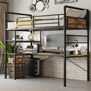 Loft Bunk Bed with L-Shaped Desk, Twin Loft Bed with Desk Underneath, Metal Bunk Beds with High Guardrail and Ladder for Kids/Teens/Adults, Easy Assembly, Vintage Brown