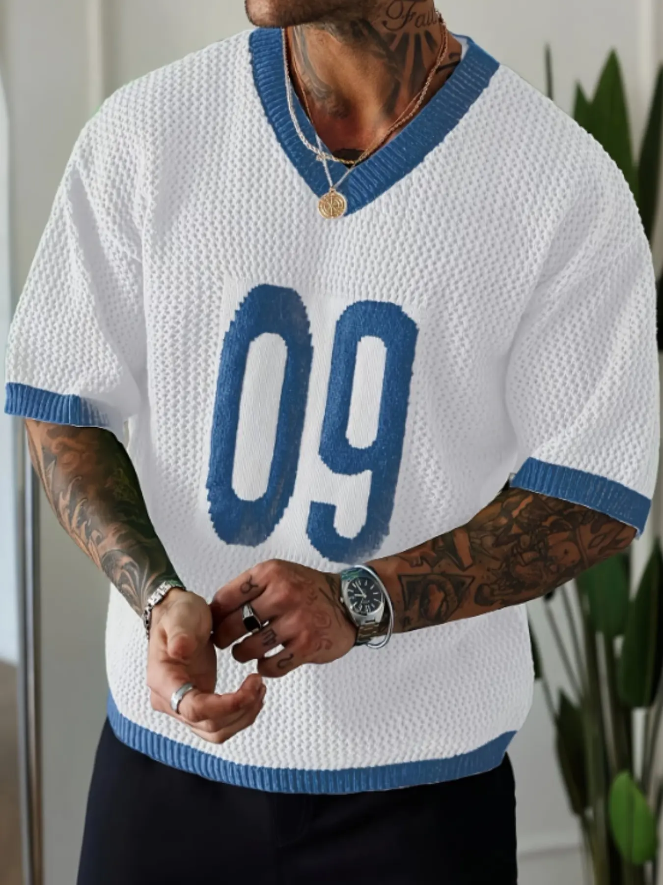 Men's Summer Athletic Sport Style Knitwear Knit Sweater Tops with V-Neck Breathable Hollow Digital Design Football Shirt, Baggy Loose-Fitting Apparel for Active Wear, Modern Pullover